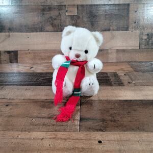 Vintage 1987 The Summit Collection White Plush Bear 8" Red Green Christmas Scarf